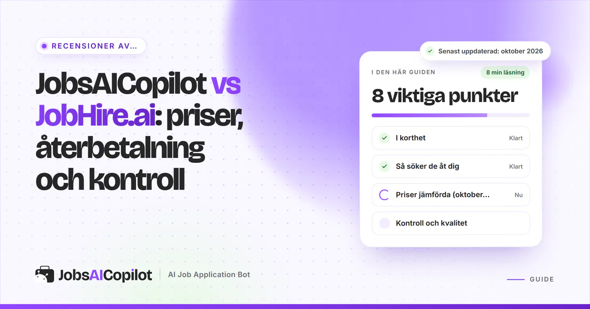 Jämförelseomslag för JobsAICopilot och JobHire.ai med öppna mot dolda priser, återbetalningsvillkor och dagliga gränser