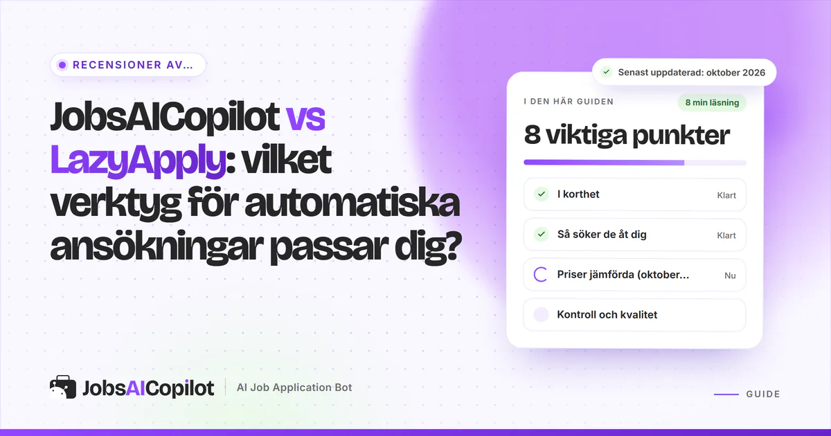 Jämförelseomslag för JobsAICopilot och LazyApply med års- mot veckopris, dagliga gränser och en checklista för granskning