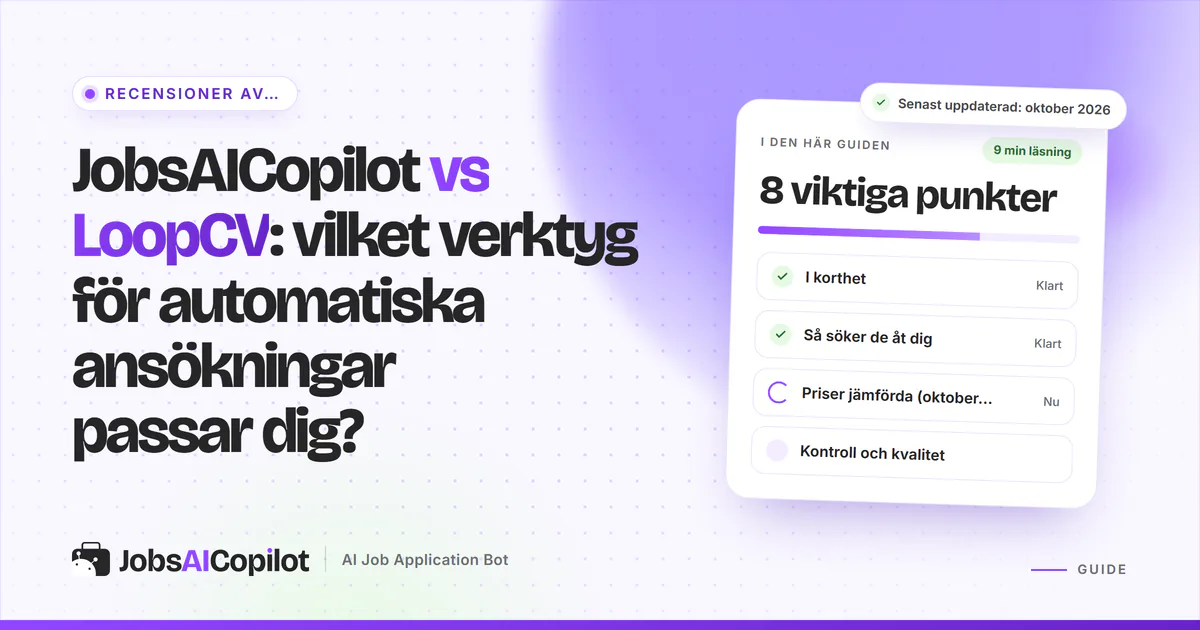 Jämförelseomslag för JobsAICopilot och LoopCV: två kolumner som väger pris, dagliga gränser och granskning