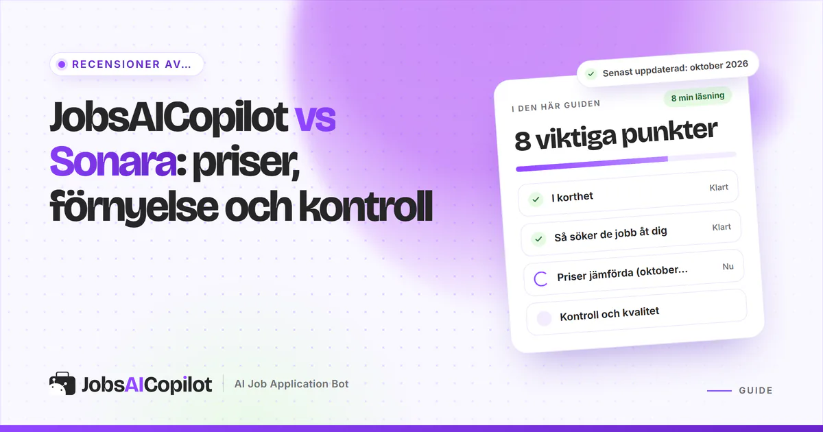 Jämförelseomslag för JobsAICopilot och Sonara: kort sida vid sida för priser, förnyelsevillkor och godkännande
