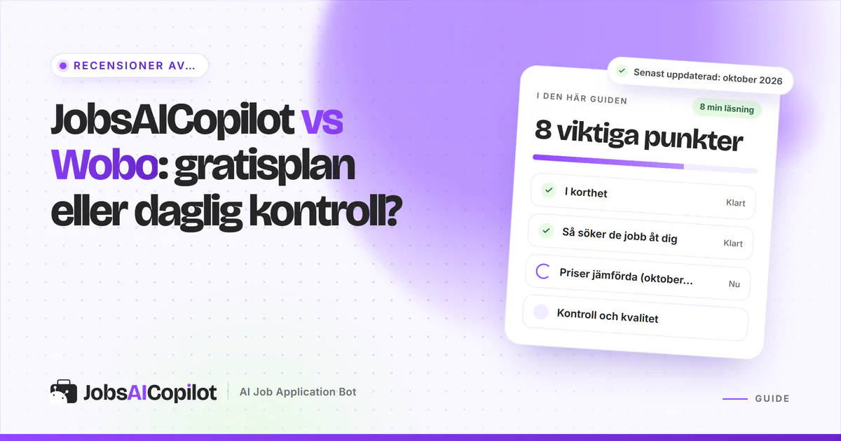 Jämförelseomslag för JobsAICopilot och Wobo: jobbkort du sveper bredvid en daglig ansökningskö med godkännanden