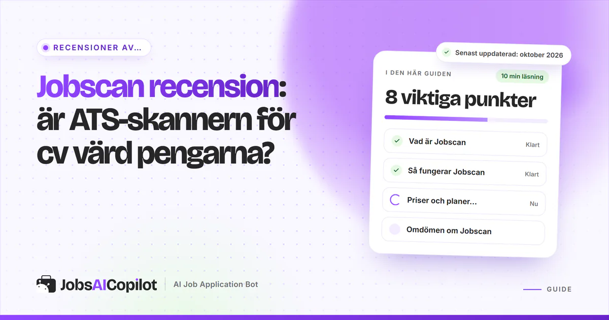 Omslag för Jobscan-recensionen: rubrikkort som frågar om ATS-skannern är värd pengarna, bredvid en checklista