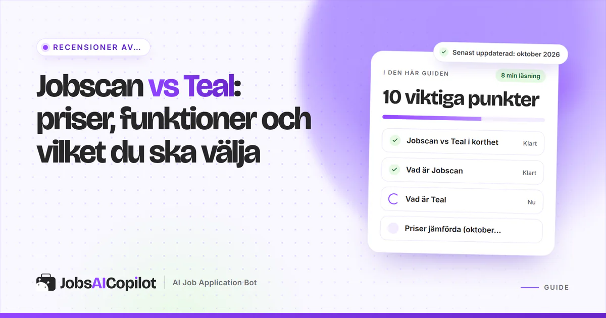 Jämförelsekort för Jobscan och Teal med en VS-symbol på ett violett JobsAICopilot-omslag