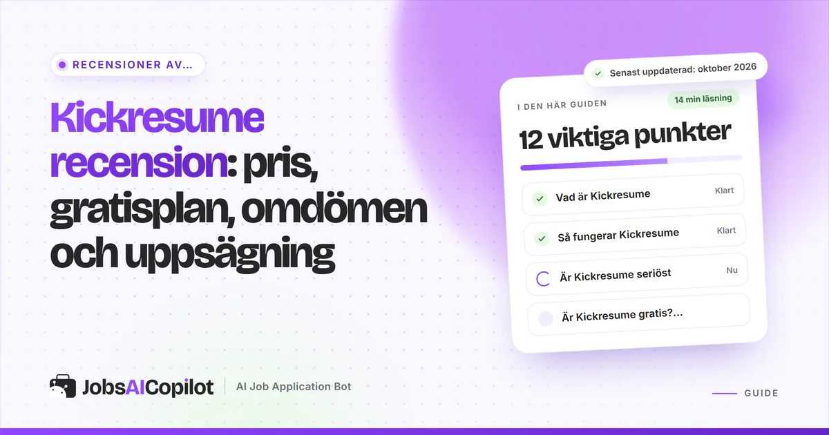 Recensionskort för Kickresume om gratisplanen, priserna 2026, återbetalning och omdömen på ett violett JobsAICopilot-omslag