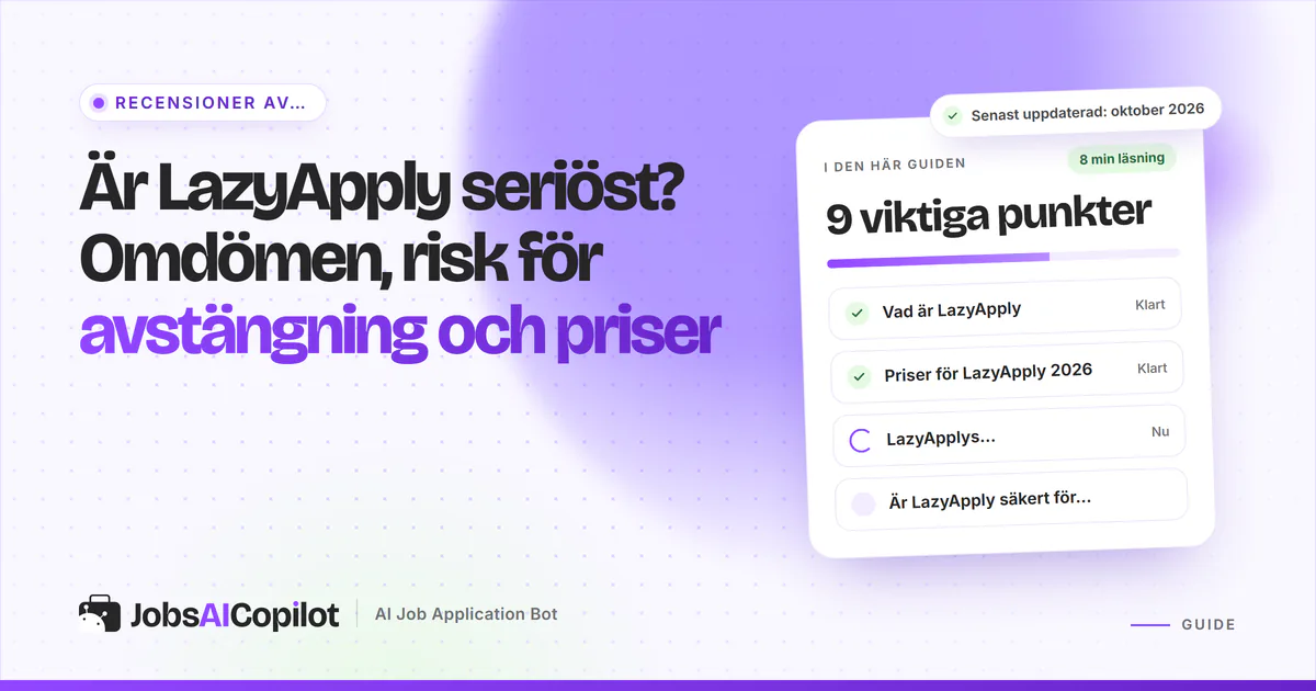 Kort som granskar om LazyApply är seriöst: funktioner, prisuppdelning och omdömen på ett violett JobsAICopilot-omslag
