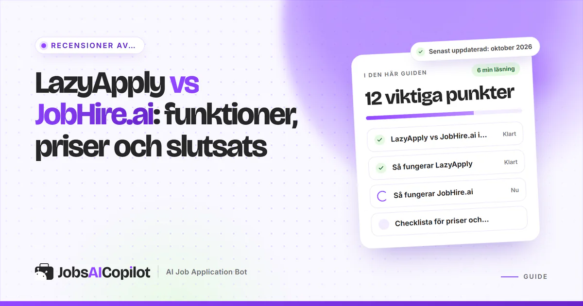 Jämförelsekort för LazyApply och JobHire.ai med en VS-symbol på ett violett JobsAICopilot-omslag