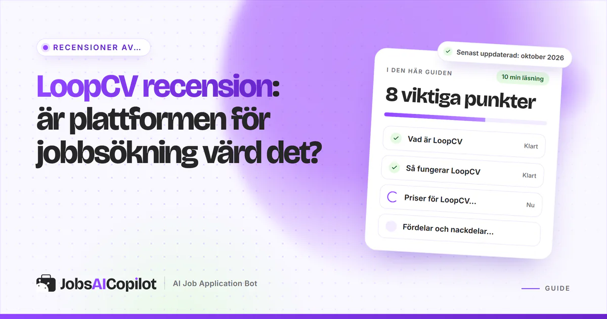 Recensionskort för LoopCV med funktioner, prisuppdelning samt för- och nackdelar på ett violett JobsAICopilot-omslag