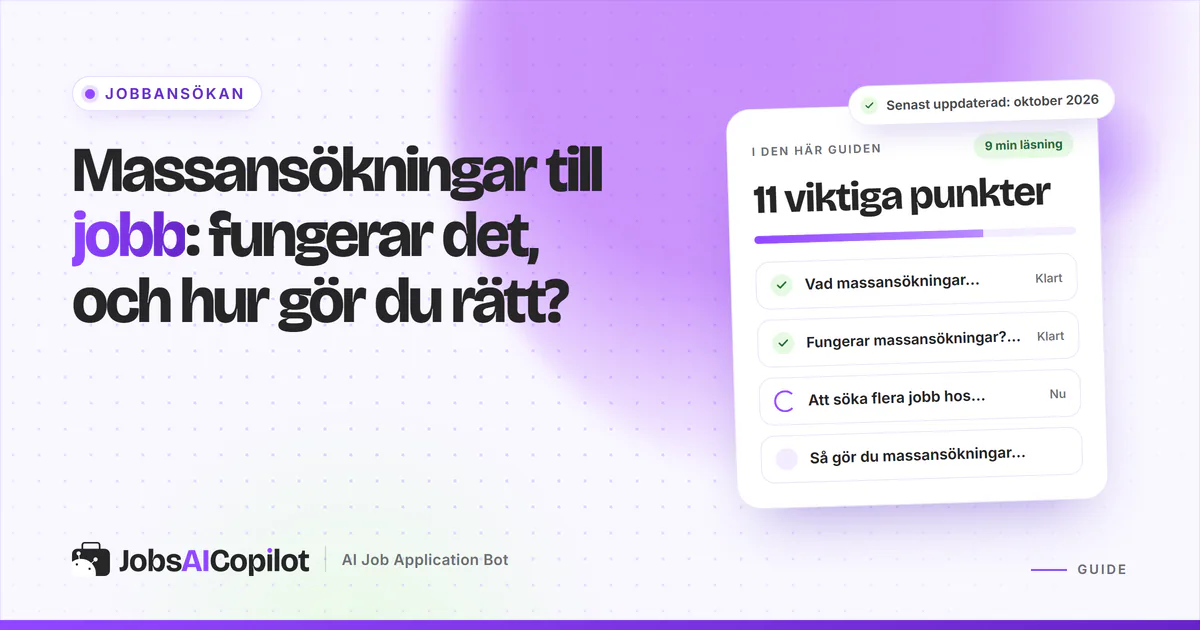 Guidekort med checklista om massansökningar till jobb och vad data från 2026 visar, på ett JobsAICopilot-omslag