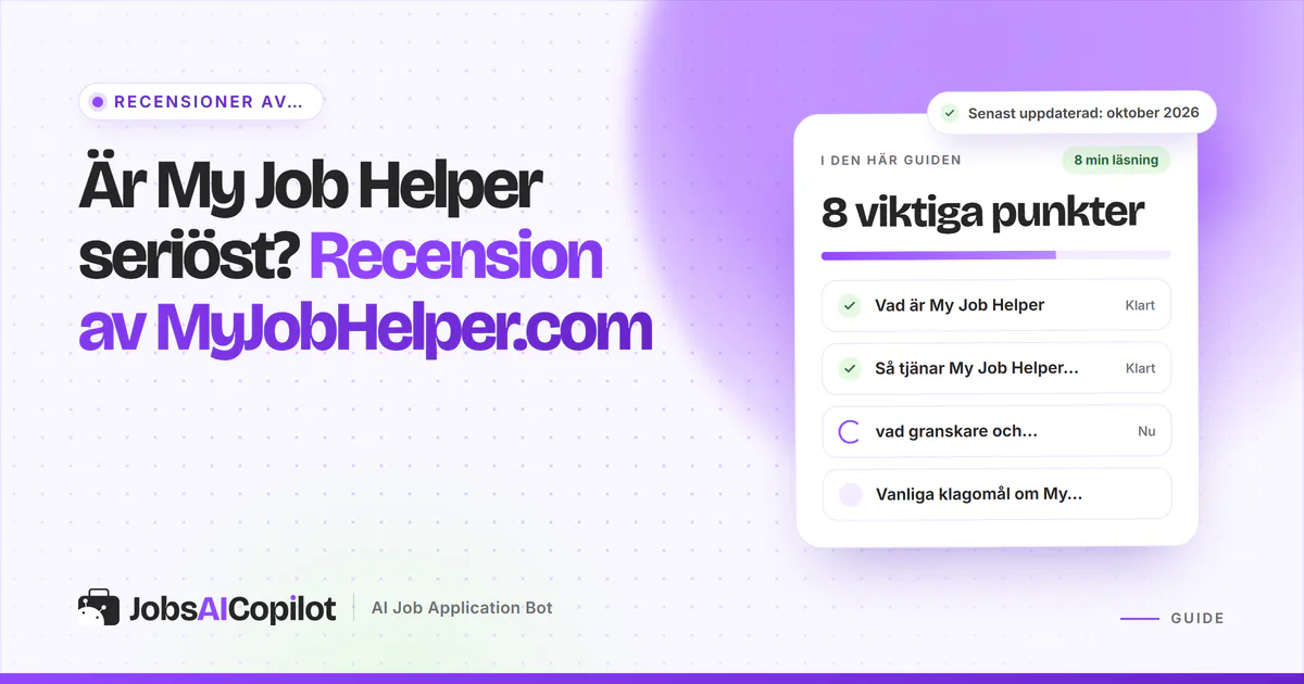 Kort som granskar om My Job Helper är seriöst eller bluff, med funktioner och alternativ på ett violett JobsAICopilot-omslag