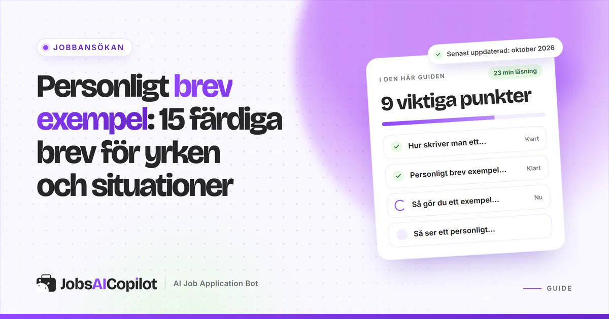 Personligt brev exempel: färdiga brev för undersköterska, lärare, student och ungdom på ett violett JobsAICopilot-omslag