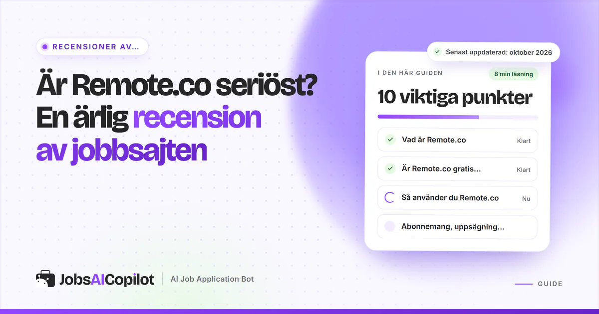 Recensionskort för Remote.co med funktioner, prisuppdelning och användaromdömen på ett violett JobsAICopilot-omslag