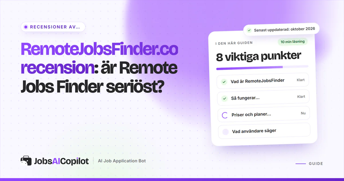 Omslag för RemoteJobsFinder.co-recensionen: rubrikkort som frågar om Remote Jobs Finder är seriöst, bredvid en checklista