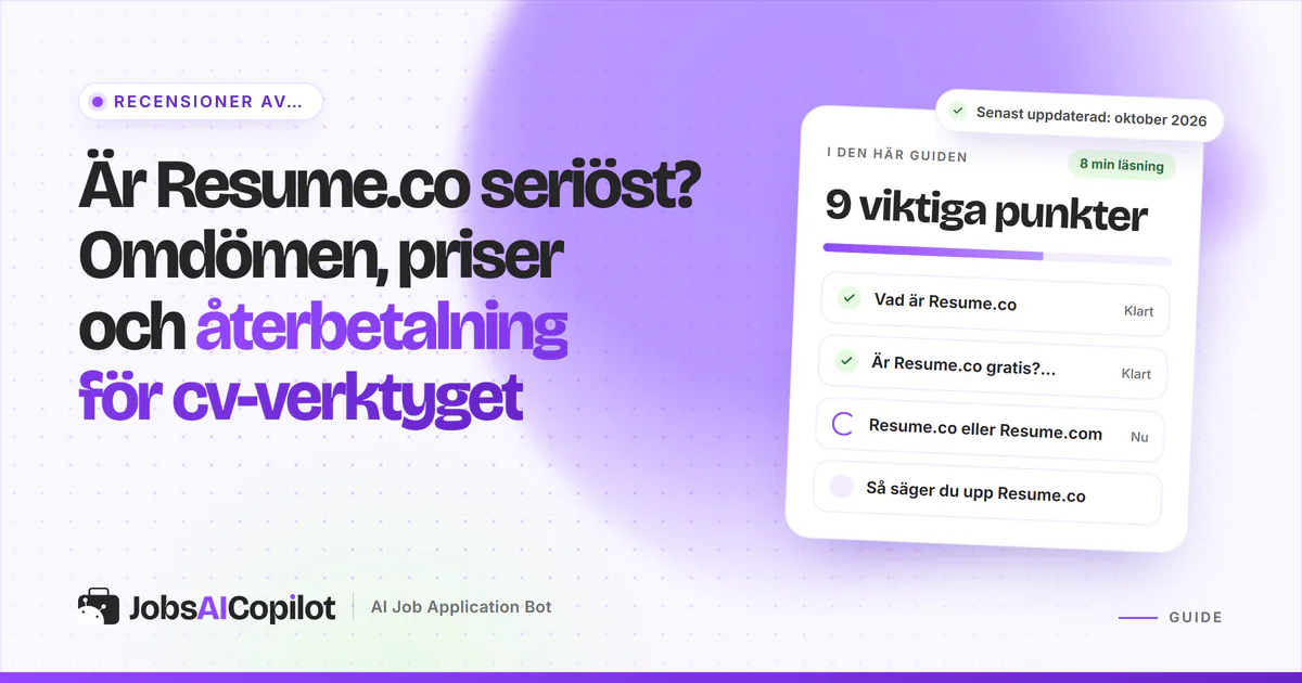 Kort som granskar om Resume.co är seriöst: funktioner, prisuppdelning och omdömen på ett violett JobsAICopilot-omslag