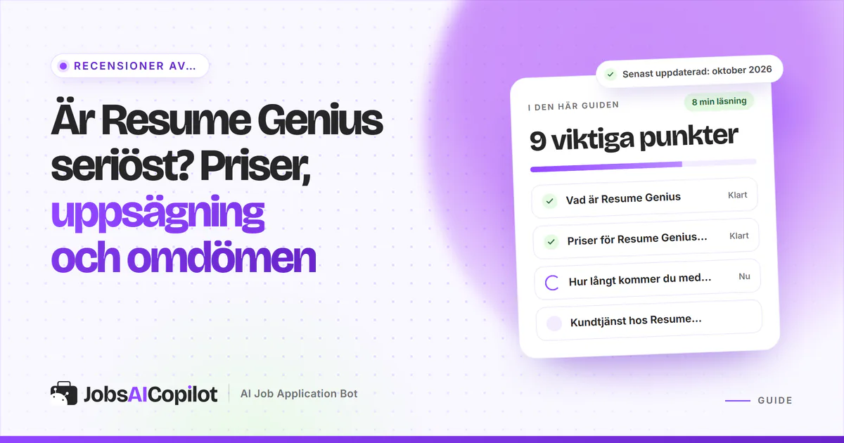 Kort som granskar om Resume Genius är seriöst: funktioner, prisuppdelning och omdömen på ett violett JobsAICopilot-omslag