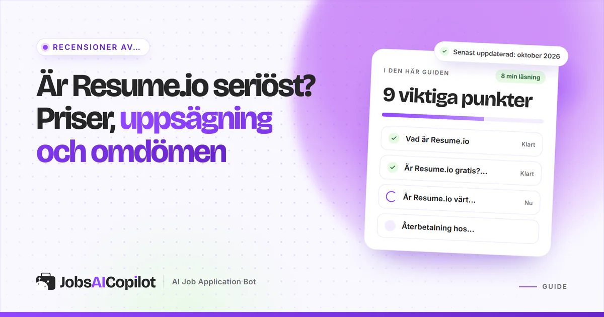 Kort som granskar om Resume.io är seriöst: funktioner, prisuppdelning och omdömen på ett violett JobsAICopilot-omslag