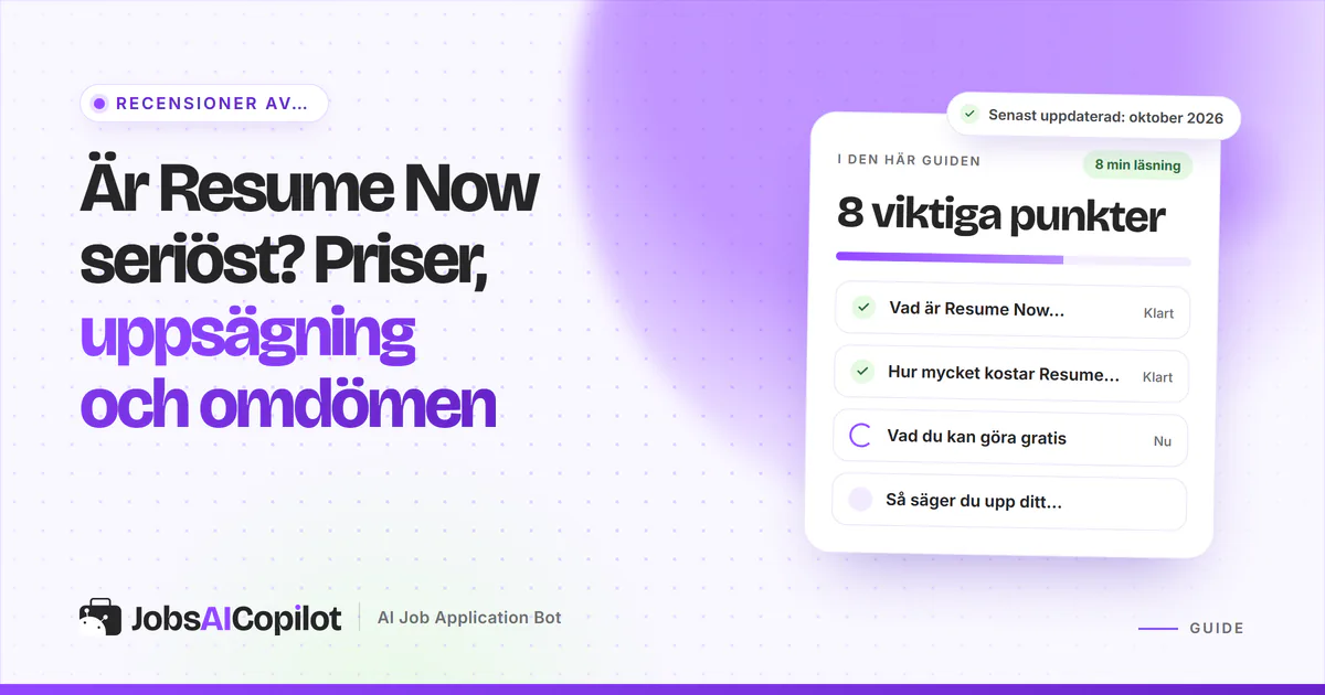 Kort som granskar om Resume Now är seriöst: funktioner, prisuppdelning och omdömen på ett violett JobsAICopilot-omslag