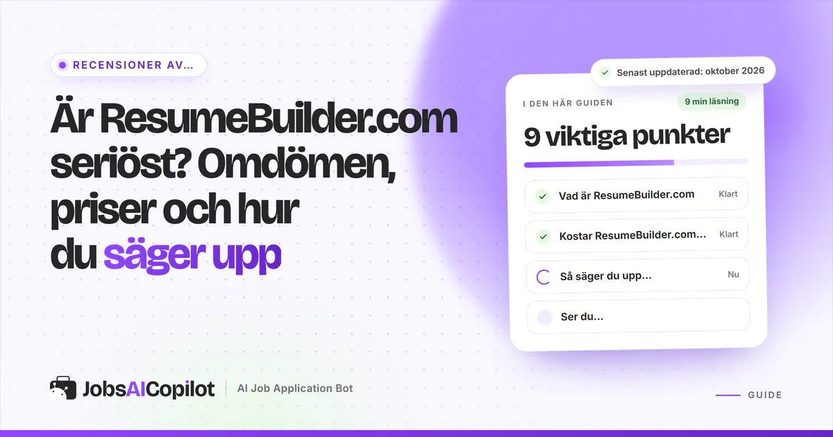 Kort som granskar om Resume Builder är seriöst: funktioner, prisuppdelning och omdömen på ett violett JobsAICopilot-omslag