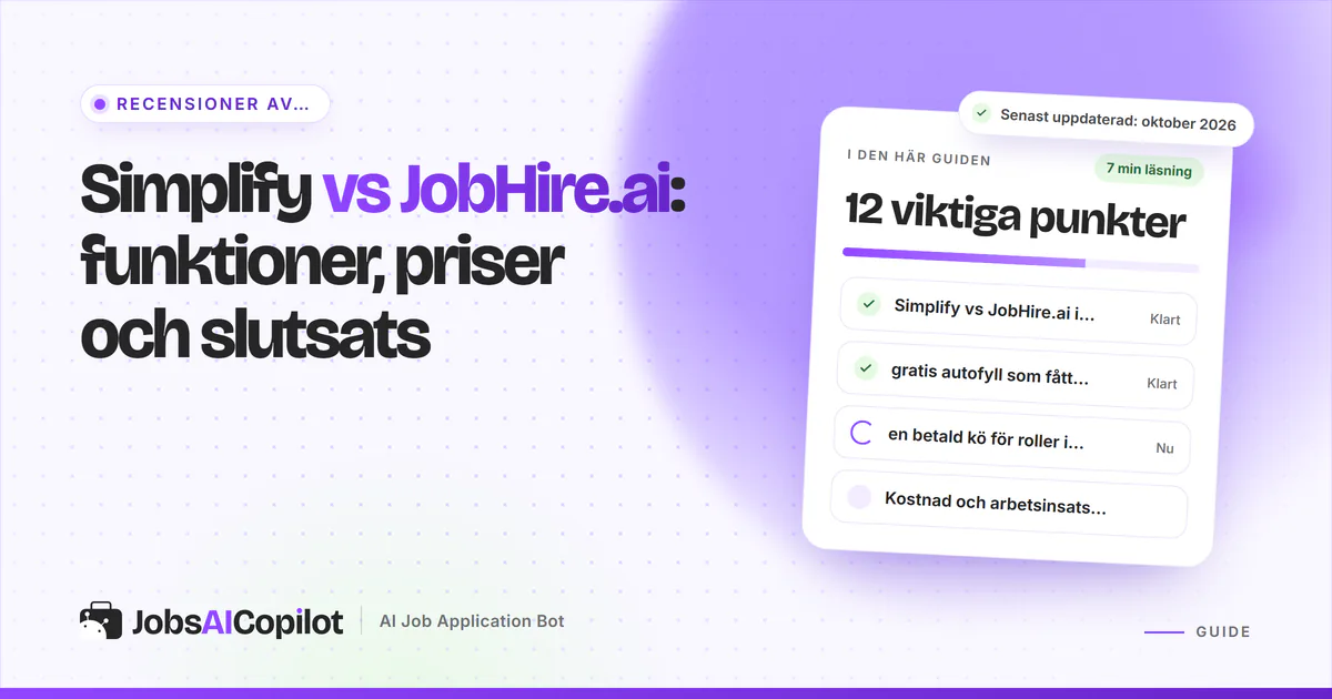 Jämförelsekort för Simplify och JobHire.ai med en VS-symbol på ett violett JobsAICopilot-omslag
