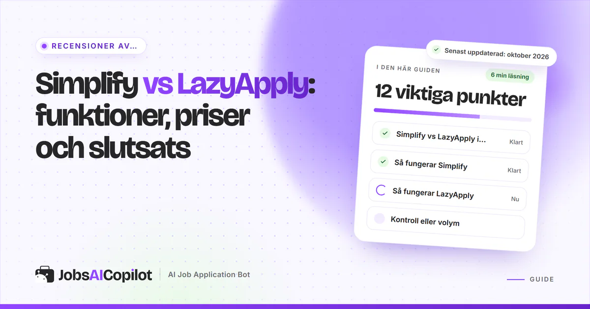 Jämförelsekort för Simplify och LazyApply med en VS-symbol på ett violett JobsAICopilot-omslag