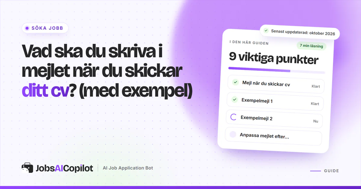 Vad du skriver när du mejlar ditt cv: mejlskiss märkt ”Cv bifogat” på ett violett JobsAICopilot-omslag
