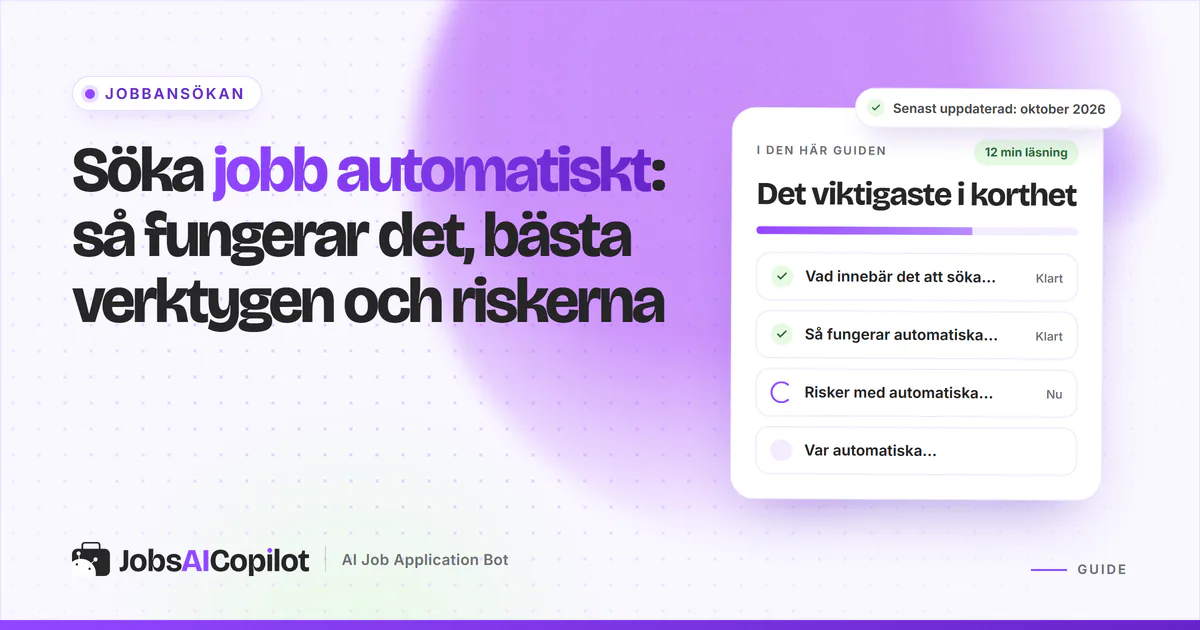 Guideomslag om att söka jobb automatiskt med en checklista: hur det fungerar, riskerna, var det fungerar och vanliga misstag