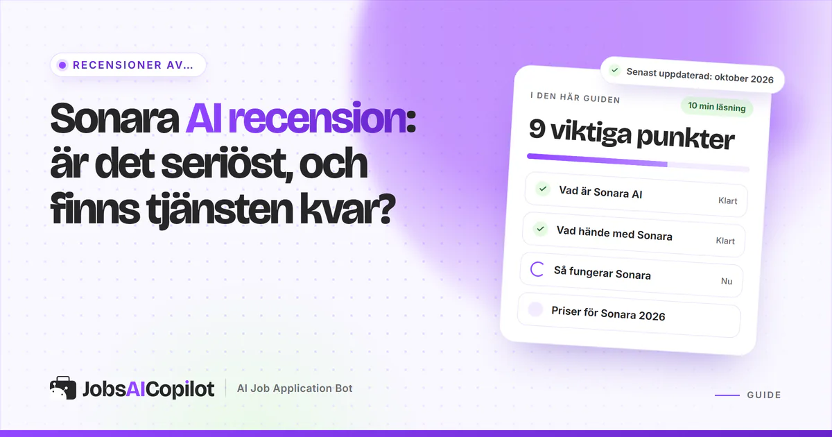 Recensionskort för Sonara AI med funktioner, prisuppdelning samt för- och nackdelar på ett violett JobsAICopilot-omslag
