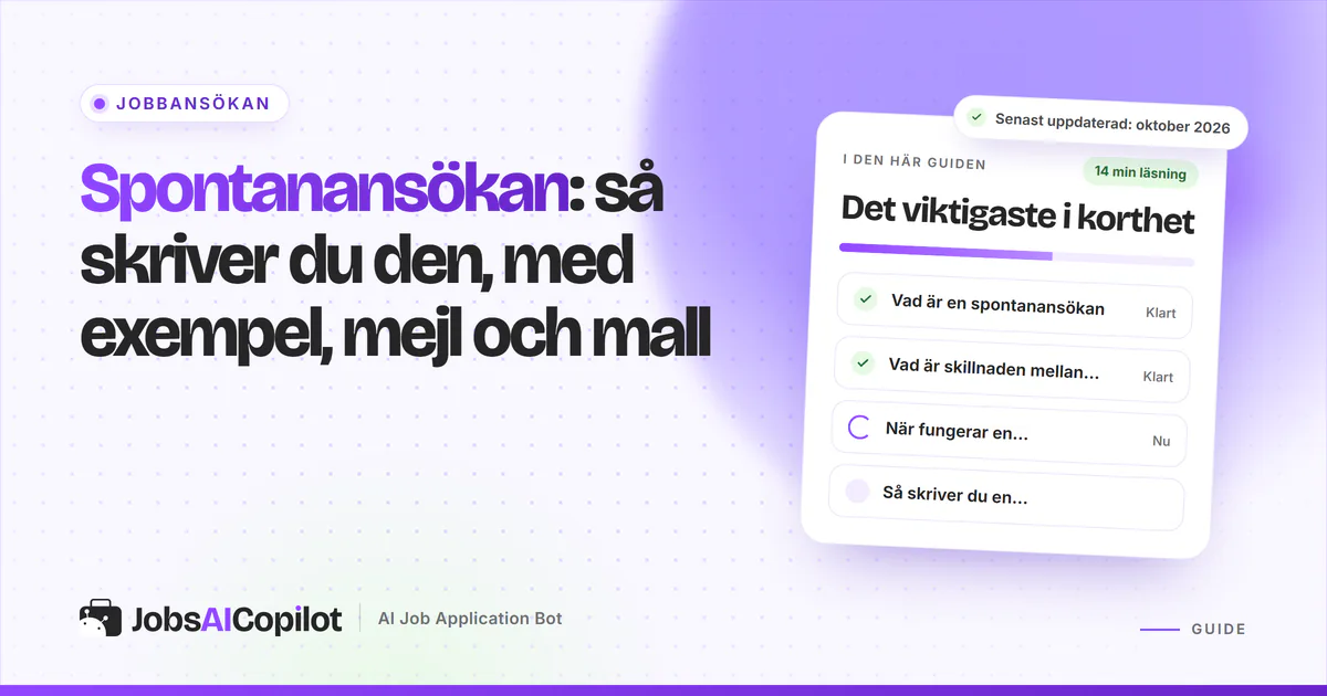 Spontanansökan: ett kort brev och ett mejl till ett företag utan utannonserad tjänst, på ett violett omslag