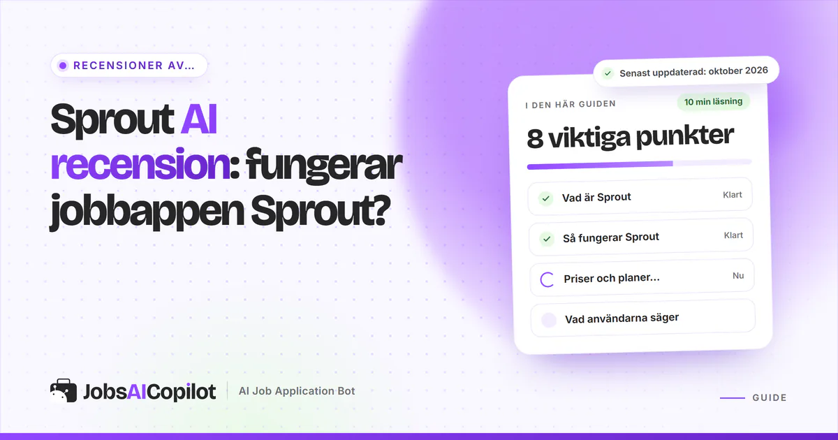 Omslag för Sprout AI-recensionen: rubrikkort som frågar om jobbappen Sprout fungerar, bredvid en checklista