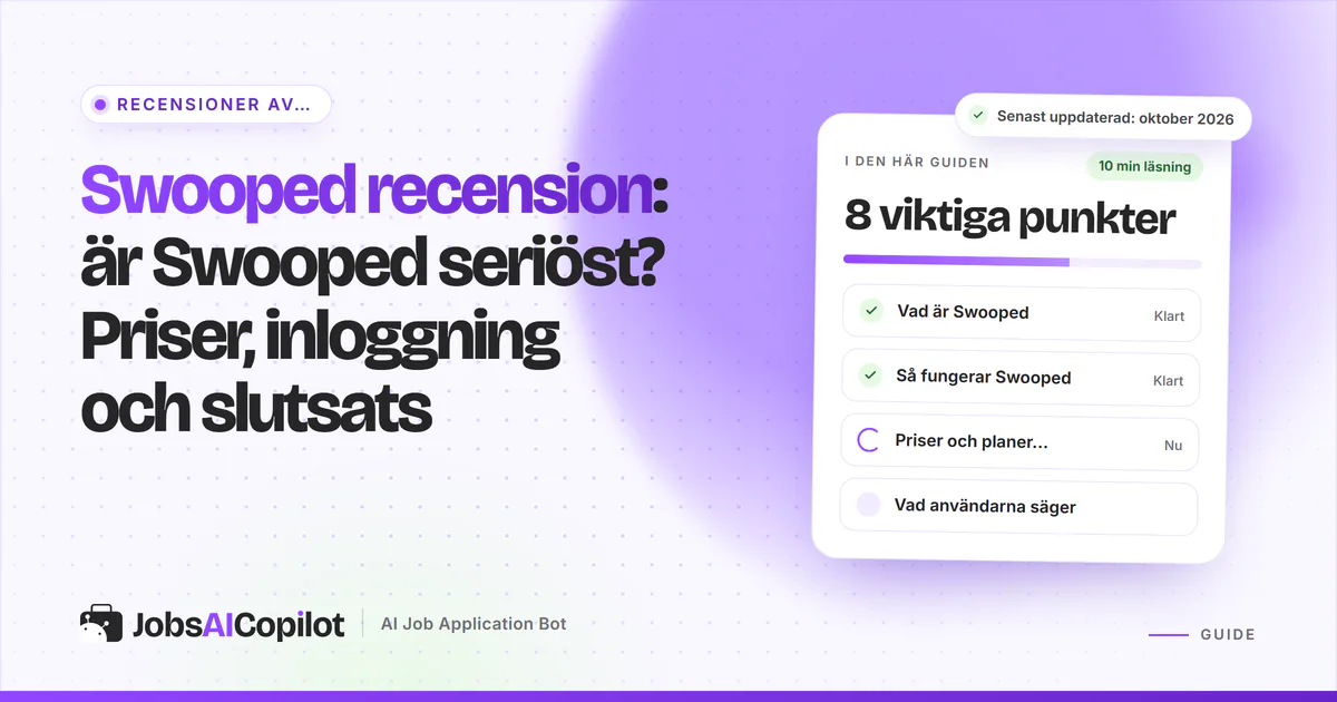 Swooped recension: rubrikkort som frågar om Swooped är seriöst, med en checklista om priser, inloggning och slutsats