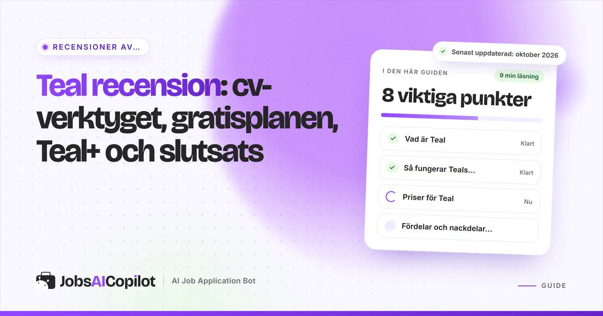 Recensionskort för Teals cv-verktyg med funktioner, priser samt för- och nackdelar på ett violett JobsAICopilot-omslag