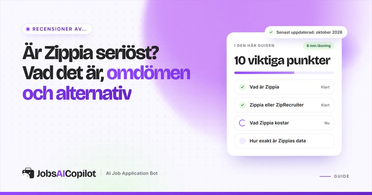 Guidekort med checklista: är Zippia seriöst, vad det är, omdömen och alternativ, på ett JobsAICopilot-omslag