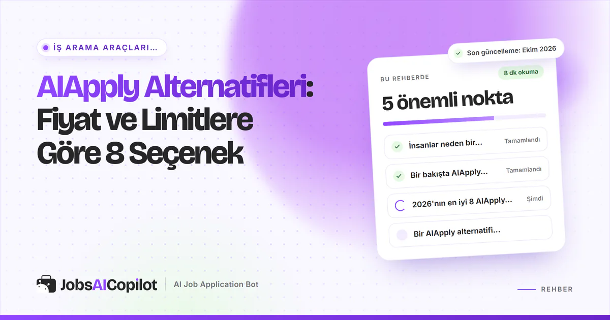 AIApply alternatifleri rehber kartı: neden alternatif aranıyor, hızlı karşılaştırma ve 2026'nın 8 seçeneği, mor kapakta