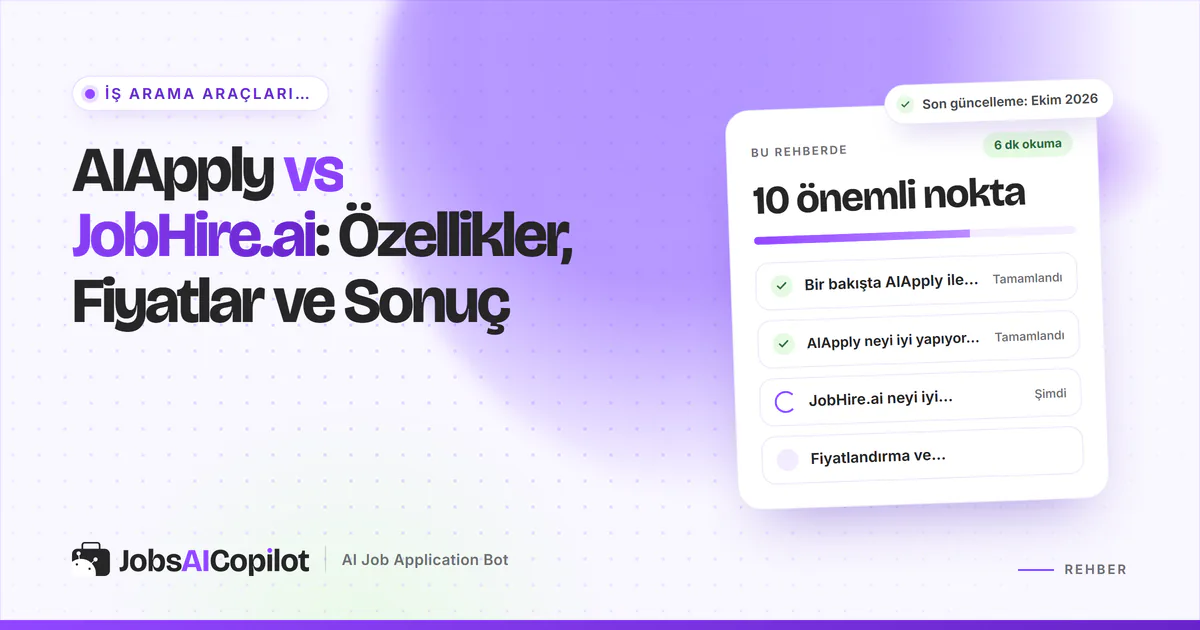 AIApply vs JobHire.ai karşılaştırma kartı: genel bakış, güçlü yönler ve fiyatlandırma farkları, mor JobsAICopilot kapağında