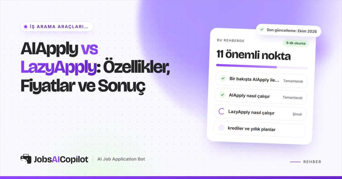 AIApply vs LazyApply karşılaştırma kartı: genel bakış, iki aracın işleyişi ve kredi ile yıllık plan fiyatları, mor kapakta