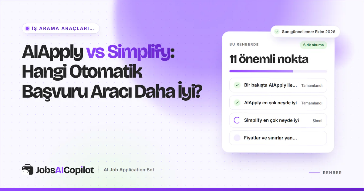 AIApply vs Simplify karşılaştırma kartı: genel bakış, her aracın güçlü yanı, fiyat ve limitler, mor JobsAICopilot kapağında