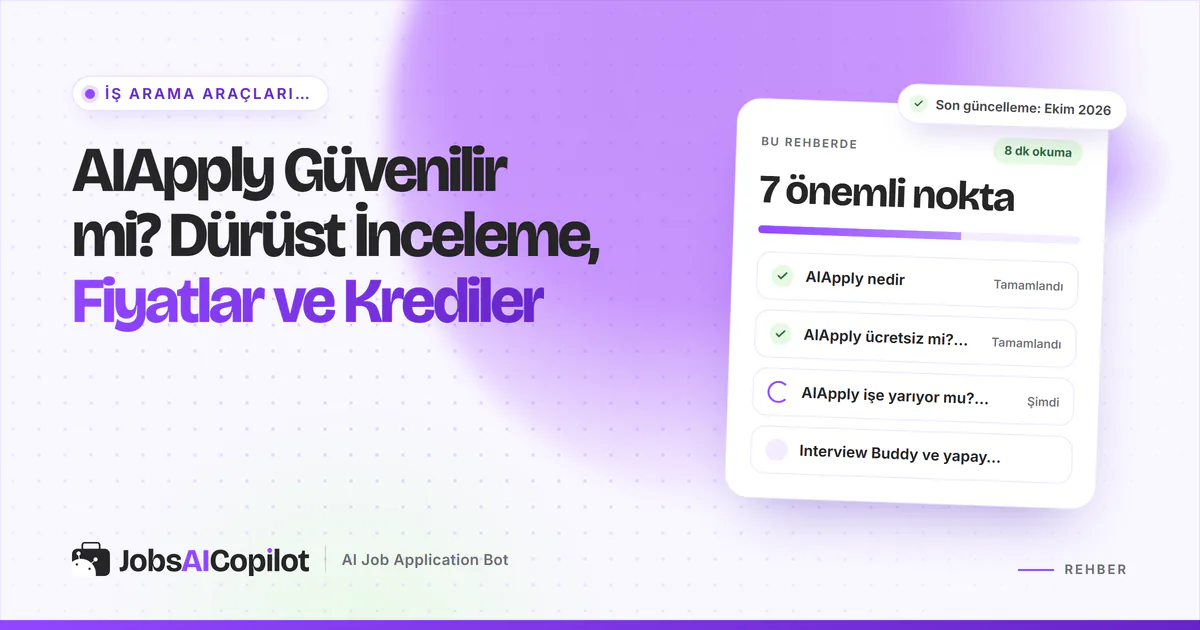 AIApply güvenilir mi kartı: AIApply nedir, fiyat ve krediler, Reddit ve Trustpilot yorumları, mor JobsAICopilot kapağında