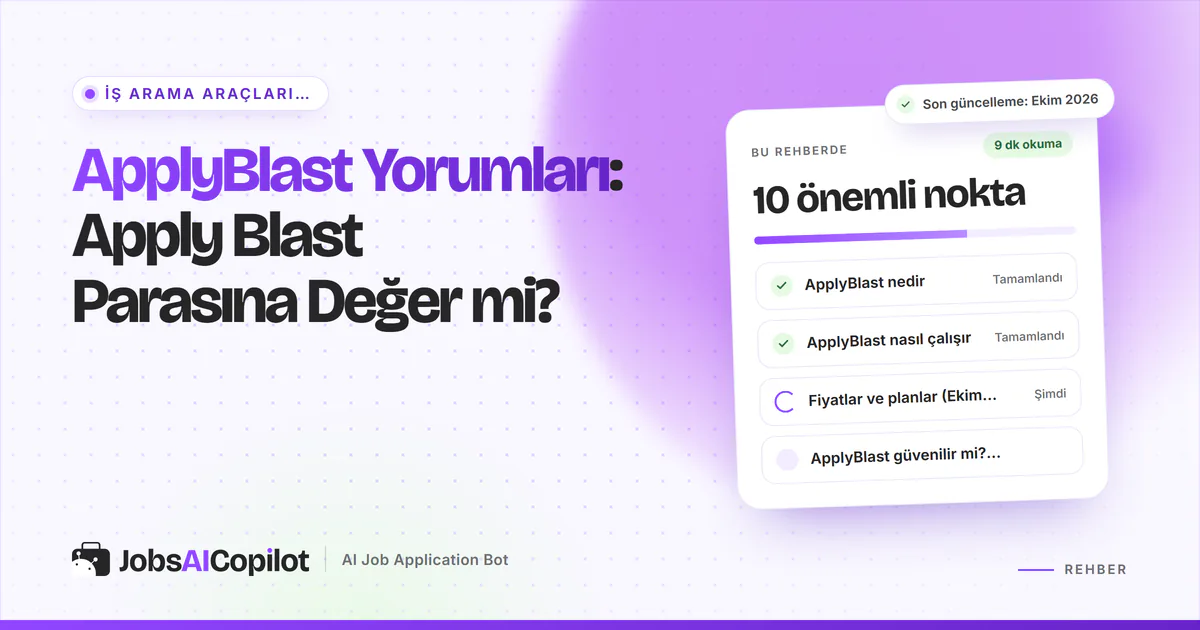 ApplyBlast yorumları kartı: ApplyBlast nedir, nasıl çalışır, Ekim 2026 fiyatları ve güvenilirlik, mor JobsAICopilot kapağında