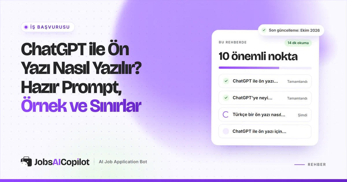 ChatGPT ile yazılmış ön yazı taslağı: kalıp ifadeler çizilmiş ve düzeltilmiş, mor JobsAICopilot kapağında