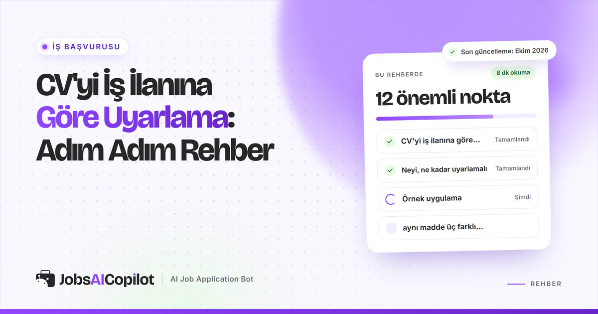 CV'yi iş ilanına göre uyarlama rehber kartı: neden önemli, neyin uyarlanacağı ve 9 adımlık yöntem, mor kapakta