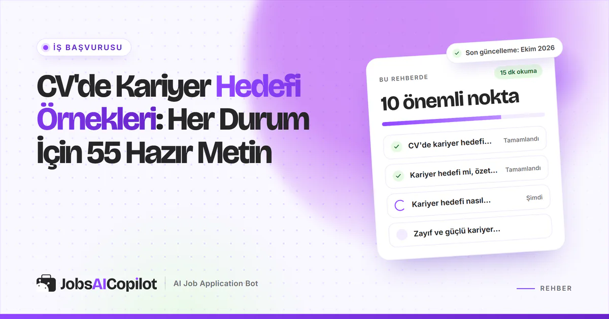 CV'de kariyer hedefi örnekleri: kısa bir kariyer hedefi cümlesi vurgulanmış CV başlığı, mor kapakta