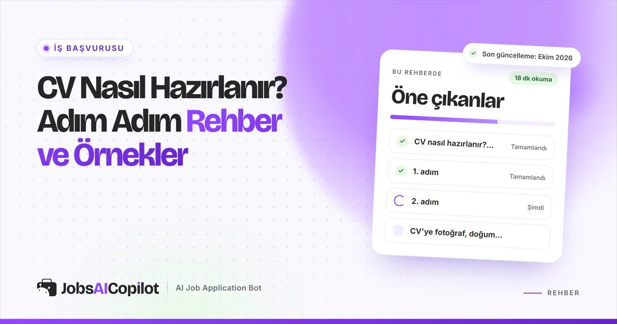 CV nasıl hazırlanır: bölümleri vurgulanmış sade, tek sütunlu bir CV, mor JobsAICopilot kapağında
