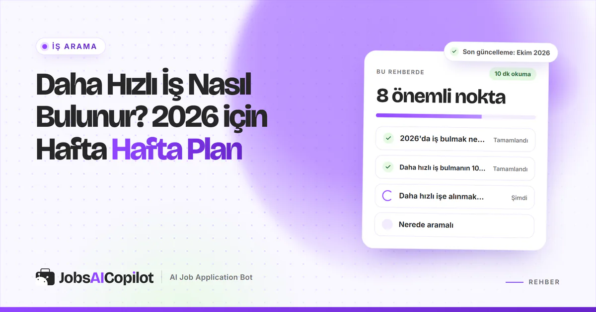 Daha hızlı iş bulma rehber kartı: 2026'da iş bulma süresi, 10 hızlandırma yolu ve hafta hafta plan, mor kapakta