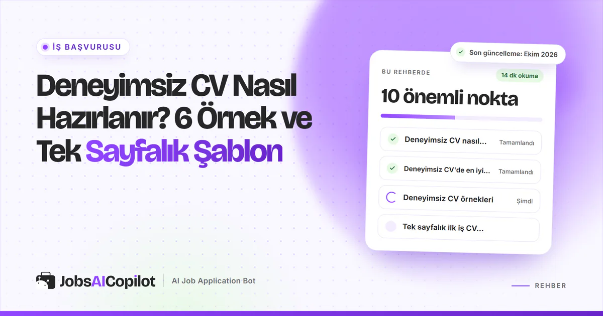 Deneyimsiz CV nasıl hazırlanır: beceri ve eğitim bölümleri olan tek sayfalık CV, mor JobsAICopilot kapağında