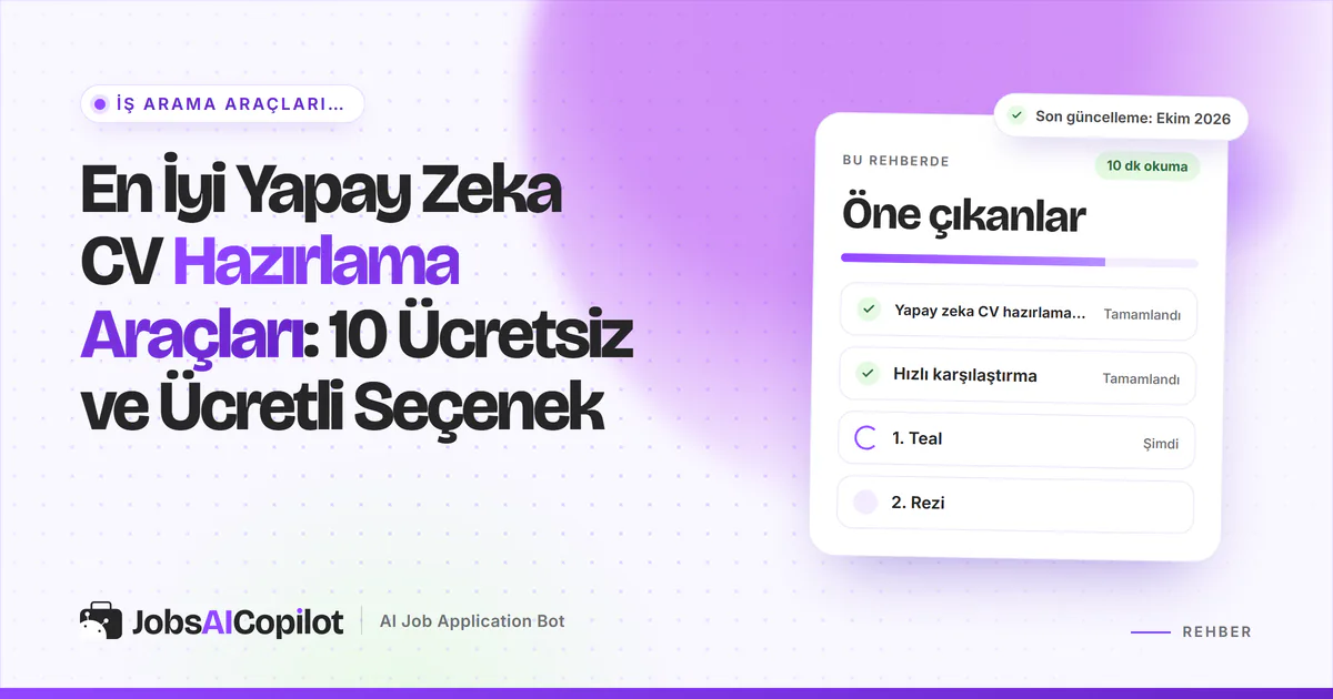 En iyi yapay zeka CV hazırlama araçları kartı: nasıl çalıştıkları, hızlı karşılaştırma ve 10 aracın listesi, mor kapakta
