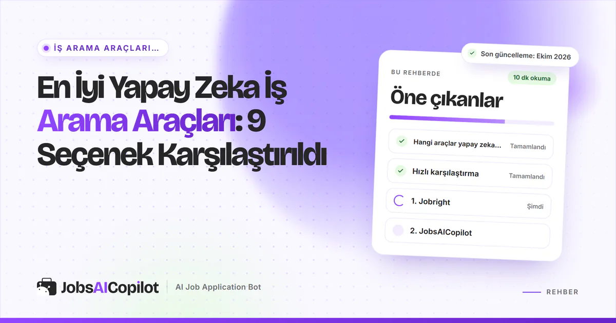 En iyi yapay zeka iş arama araçları kartı: neyin yapay zeka aracı sayıldığı, hızlı karşılaştırma ve 9 seçenek, mor kapakta