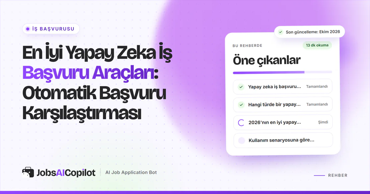 En iyi yapay zeka iş başvuru araçları kartı: karşılaştırma yöntemi, araç türleri ve 2026 karşılaştırma tablosu, mor kapakta