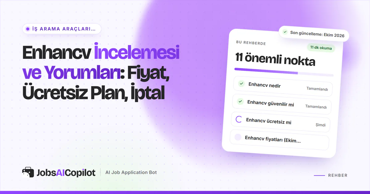 Enhancv inceleme kartı: 7 günlük ücretsiz plan, 2026 fiyatları, iade kuralları, artıları ve eksileri, mor kapakta