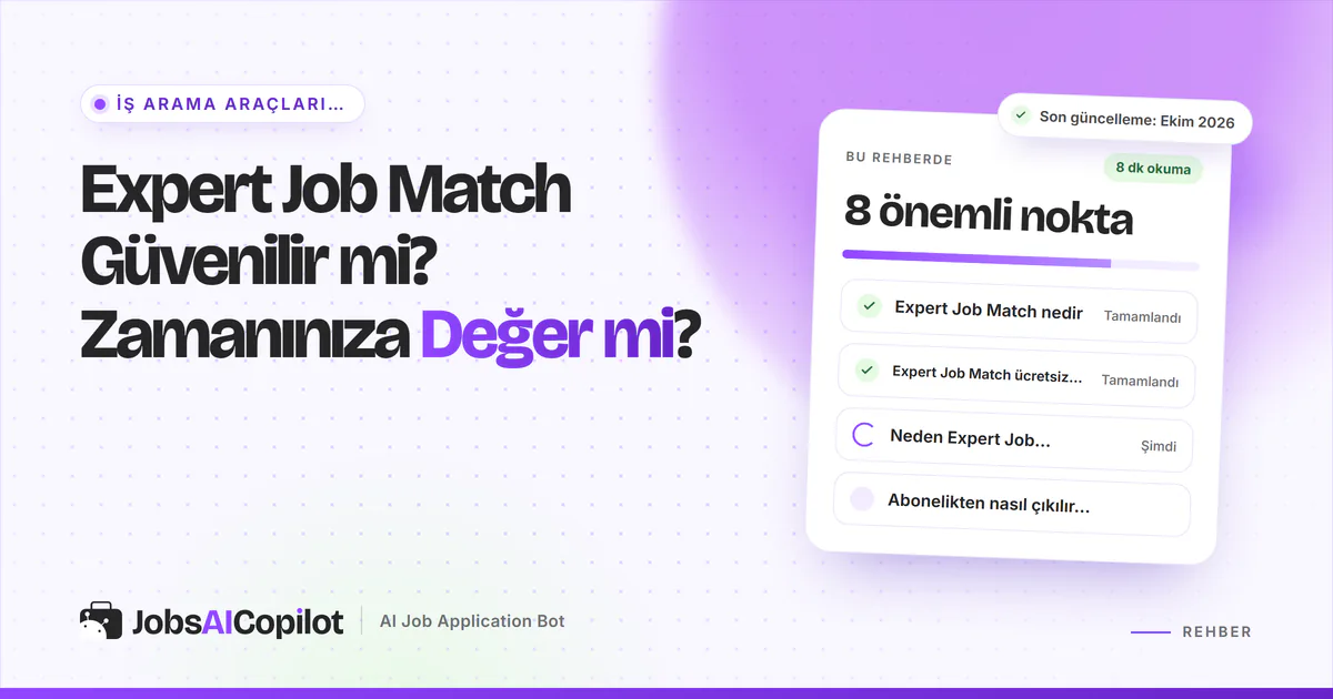 Expert Job Match güvenilir mi kartı: site nedir, neden ücretsiz ve neden mesaj alıyorsunuz, mor JobsAICopilot kapağında