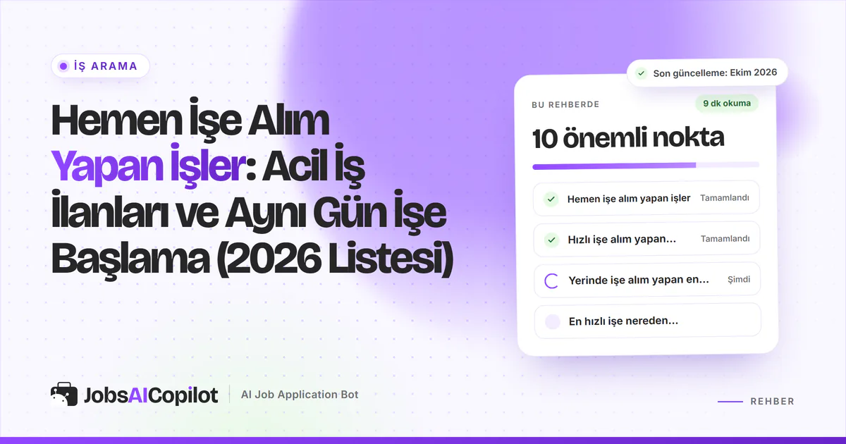 Hemen işe alım yapan işler rehber kartı: 2026 hızlı liste, hızlı işe alım süreçleri ve en kolay işler, mor kapakta