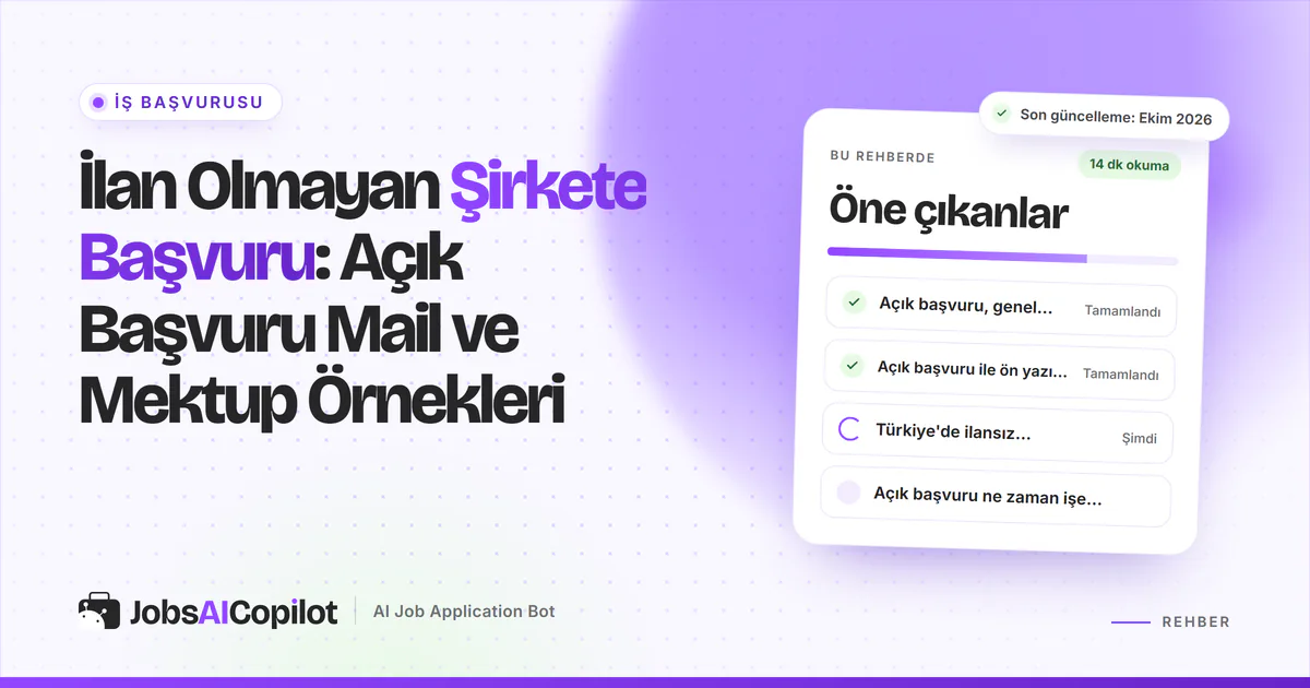 İlan olmayan şirkete başvuru: açık ilanı olmayan bir şirkete gönderilen kısa mektup ve mail, mor JobsAICopilot kapağında